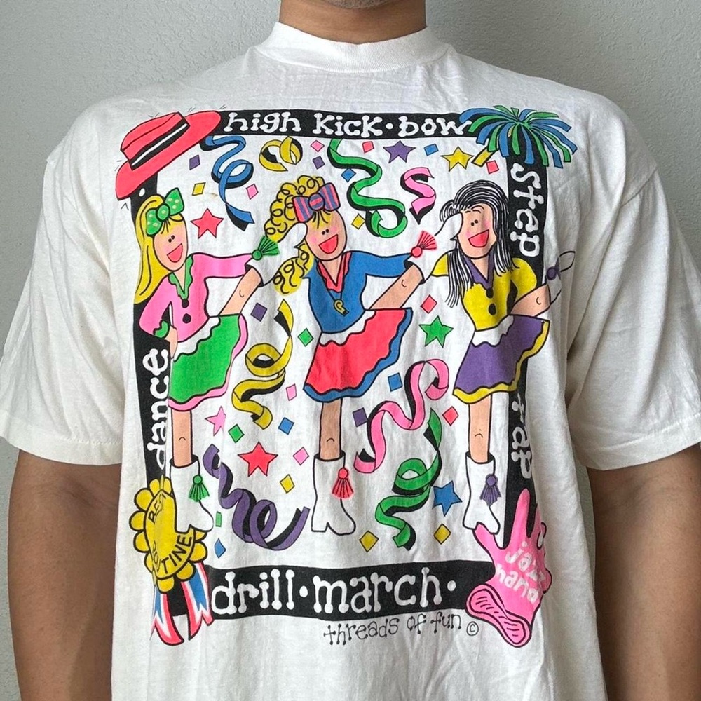 Vintage 1990s Threads of Fun Graphics White Single Stitched Tee Shirt 90s